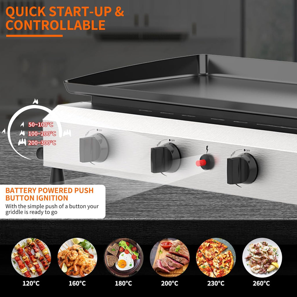 4-Burner Outdoor Propane Gas Griddle, 40,000 BTU Flat Top Grill with Side Shelves for Camping and Backyard