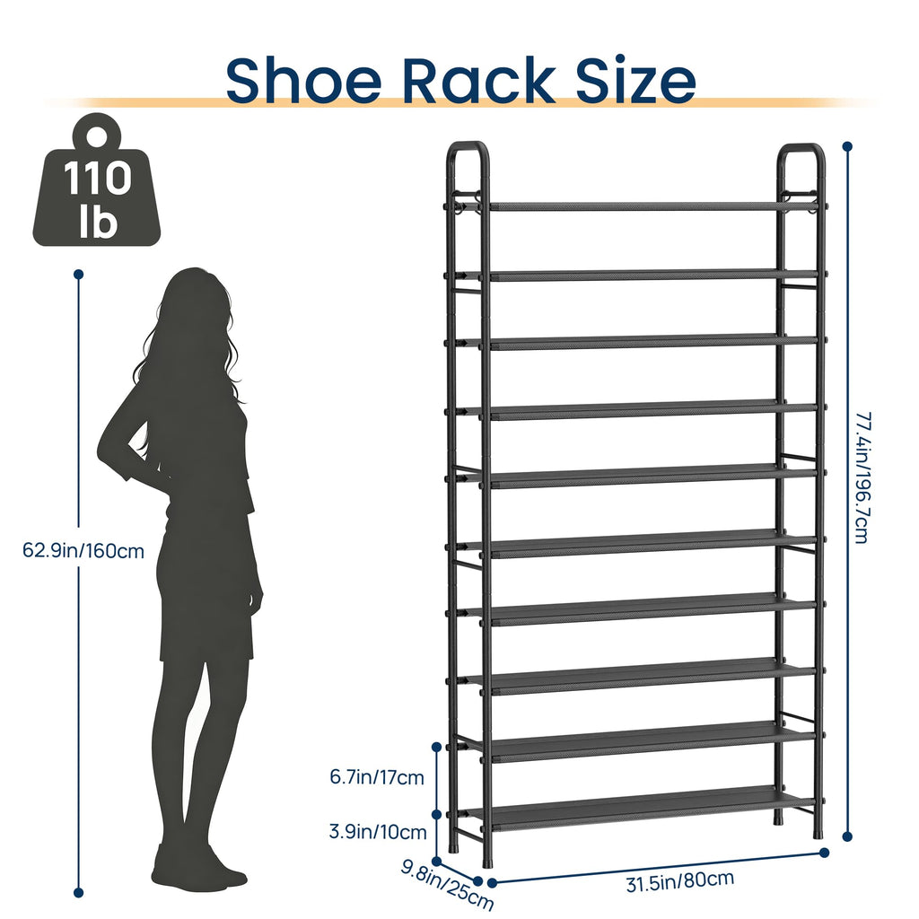 Large Shoe Rack Garage Storage, 10 Tier Tall Metal Shelf, Black