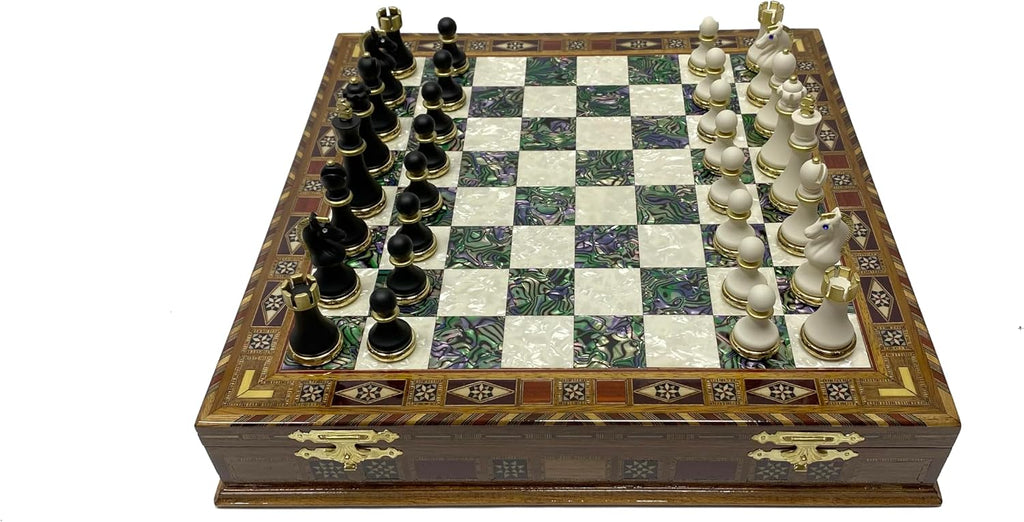 16.5 Inches Large Chess Set - Luxury Chess Pieces with 2 Extra Queens and Wooden Chess Board with Mosaic Details