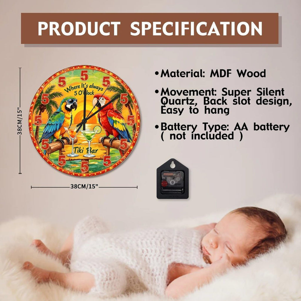 Parrot Retired Wall Clock Tiki Bar Always 5 O'clock 15 Inch Round Wall Clocks Battery Operated Silent Non-Ticking