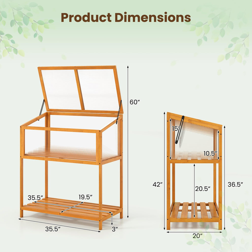 Wood Cold Frame Greenhouse, Raised Flower Planter Protection with Transparent Openable Roof & Slatted Shelf, Indoor