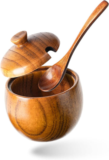 Jujube Wood Salt Cellar, 6 oz Box with Lid and Spoon, 3.3 Inch