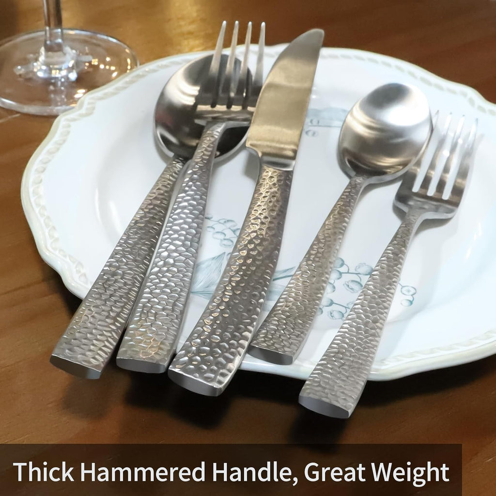 Matte Silver Hammered Flatware Set Stainless Steel Silverware Set 20 Pieces Cutlery Set Service for 4
