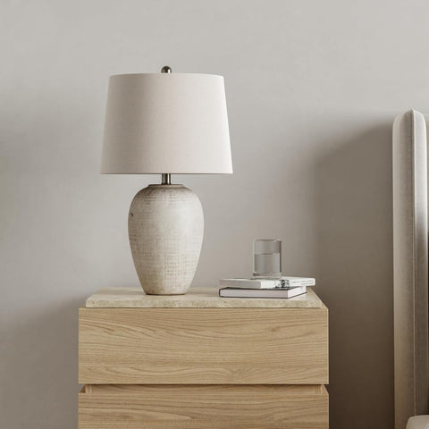 Home 23" Distressed Cream/Beige Rustic Ceramic Jar Table Lamp, Dining Office, with Ivory Shade