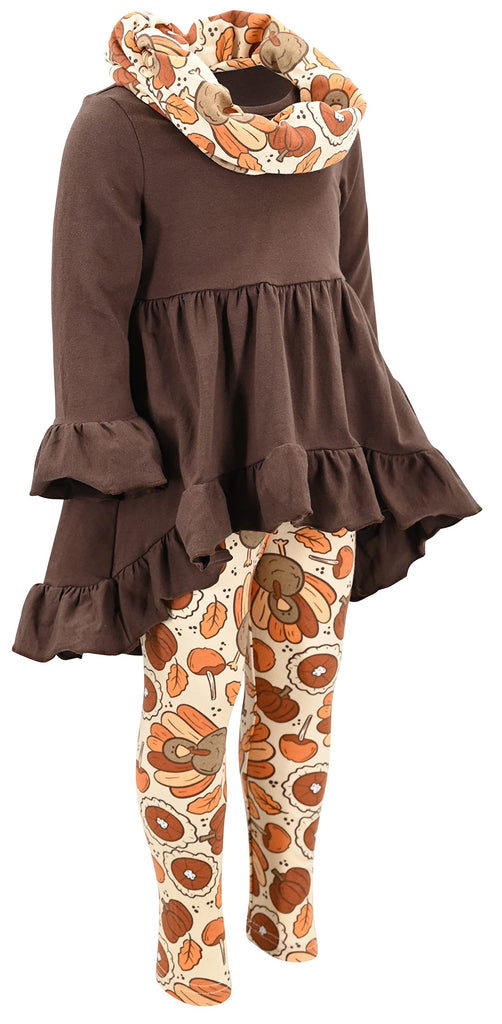 Girls 3 Piece Turkey Pie Thanksgiving Clothes Legging Outfit (, Brown)