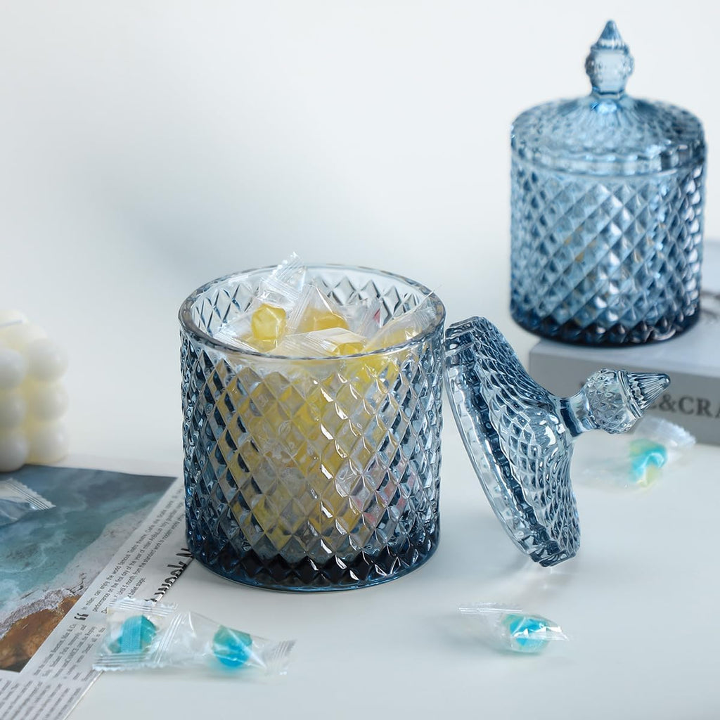 Diamond Faceted Crystal Glass Candy Jar with Lid, 18oz Blue Decorative Jar, Nut Jar, Dried Fruit Storage Jar.