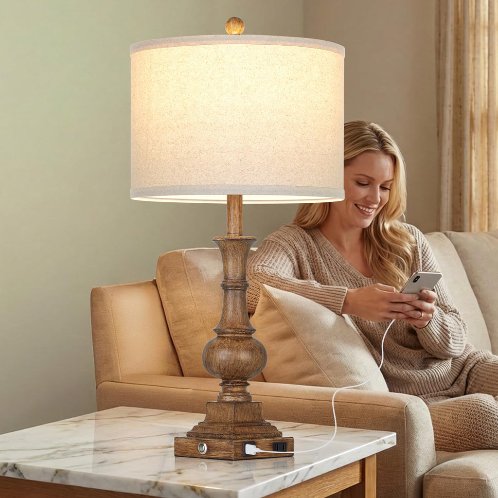 26" Tall Farmhouse Rustic Table Lamps Set of 2, Vintage Retro Nightstand Table Lamp with USB C+A Charging Ports & AC