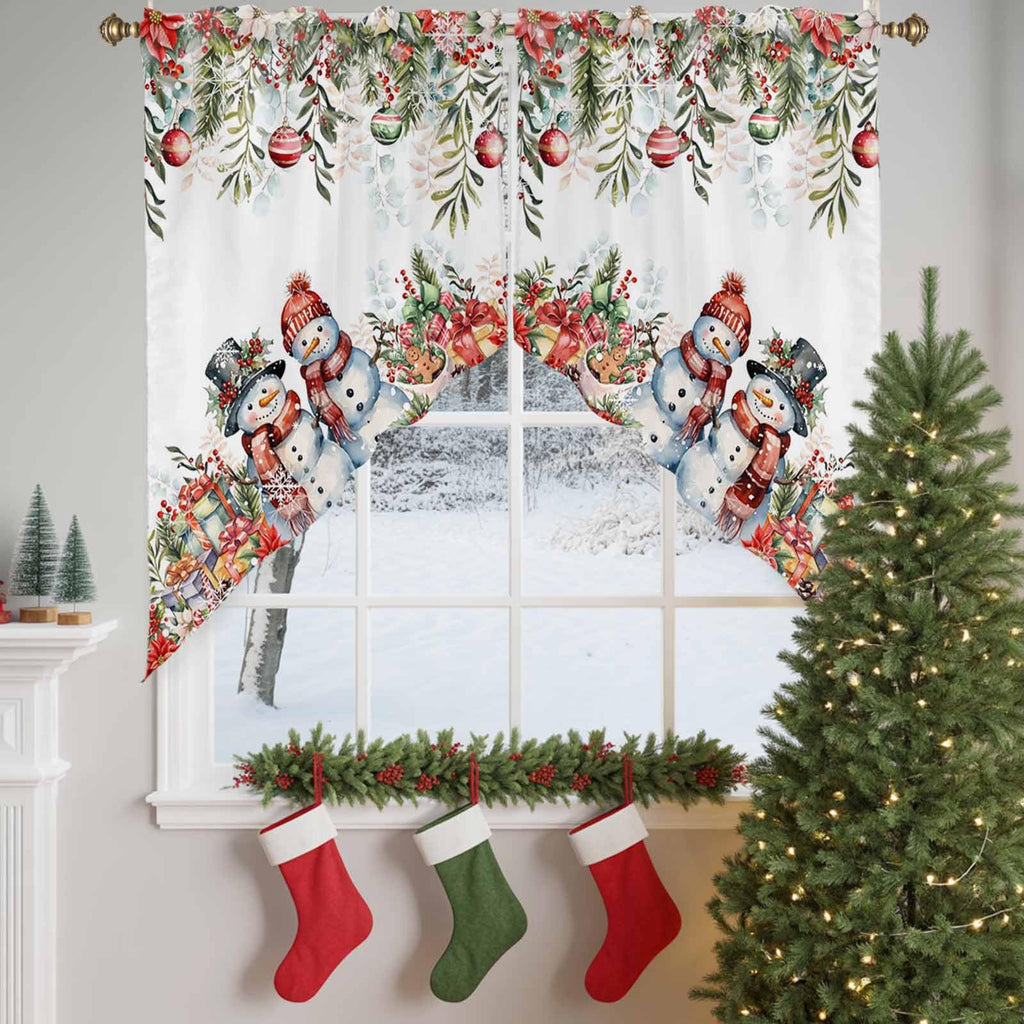 Christmas Red Eucalyptus Leaves Curtain Valance for Window, Farmhouse Swag Curtains, Cute Snowman Valance Bathroom