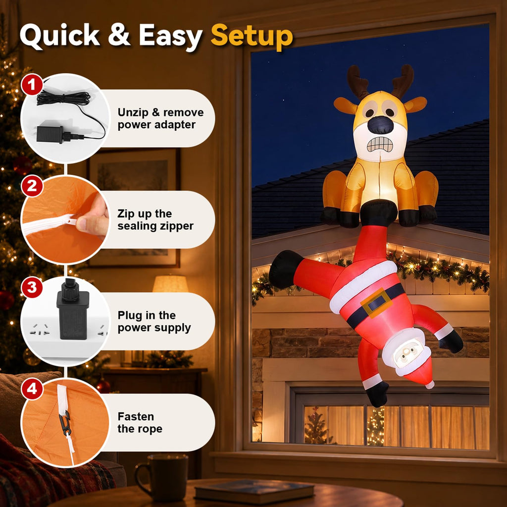 8FT Christmas Inflatable Decoration, Hanging Inflatables Santa Pulled by Reindeer Blow Up Yard Decor with Built-in