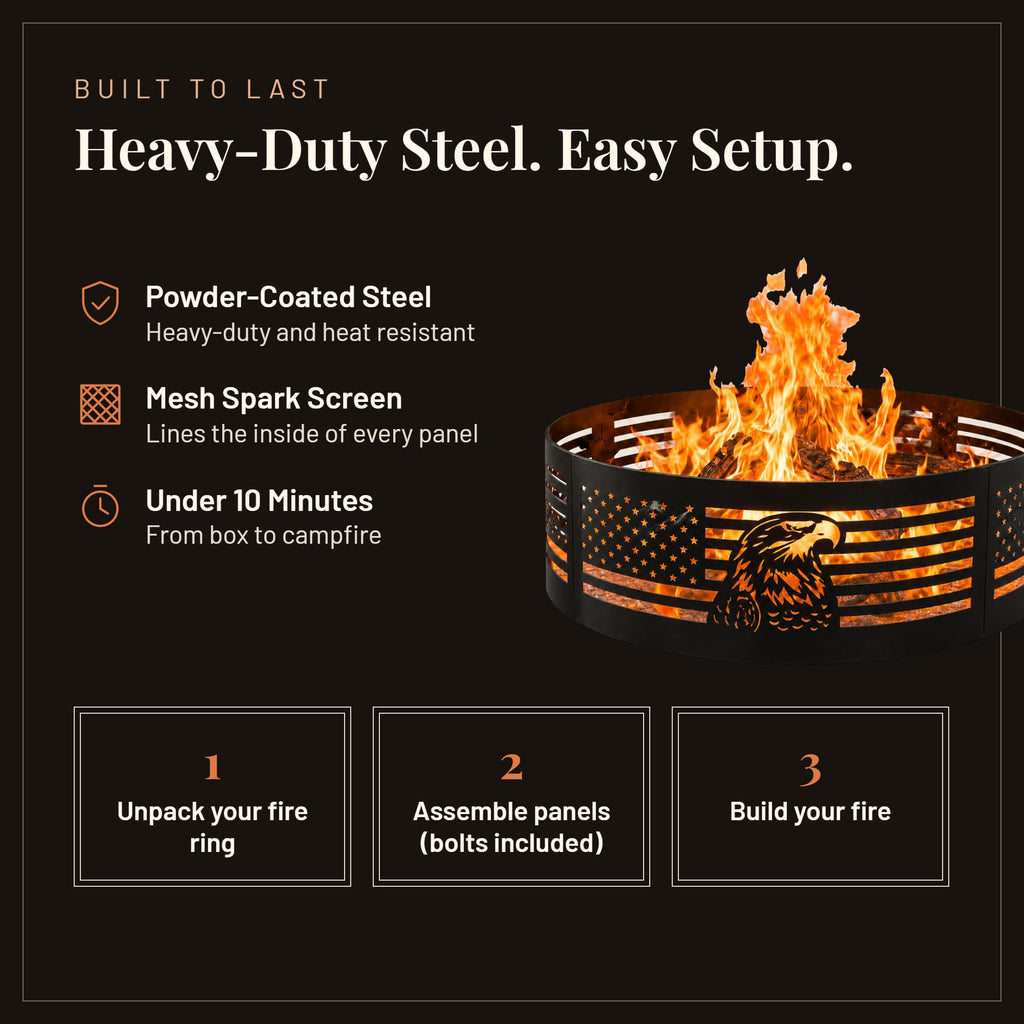Fire Horse 36 Inch Fire Pit Ring - Wood Burning Fire Ring (Patriotic Eagle)