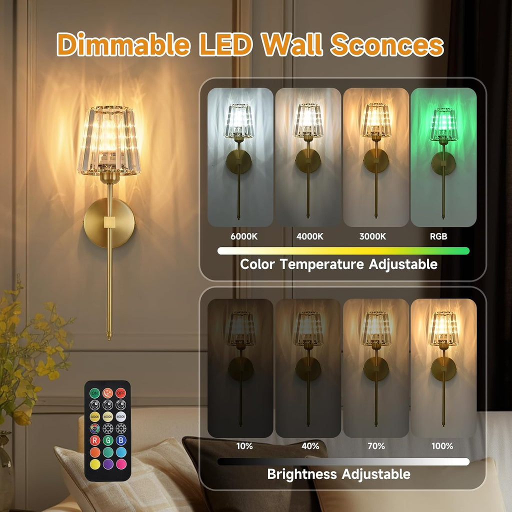 Battery Operated Crystal Wall Sconces Set of 2, Gold Wireless Wall Sconce with USB Rechargeable LED Light Bulbs 12