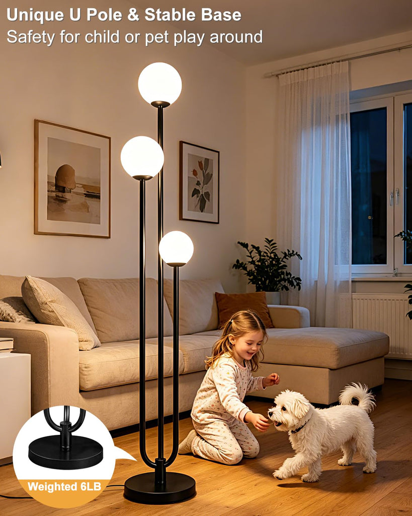63IN Black Floor Lamp Dimmable with Mid Century Standing Lamps, 3000K Warm White Bulbs Included, Modern Globe Floor