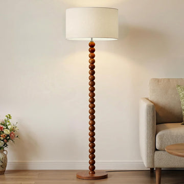 60.6 Inch Beaded Walnut Wood Floor Lamp with Linen Shade, Cream