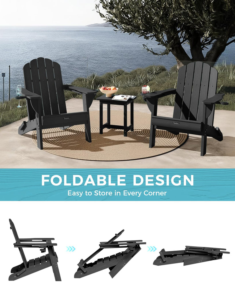 Folding Adirondack Chair, All-Weather HDPE Plastic Patio Chair with 2 Cup Holders, Wooden Textured Lawn Chair
