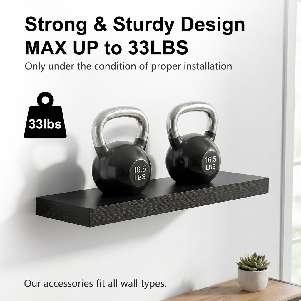 Black Modern Floating Shelves for Wall, 24 Inch Long Shelf Set of 2