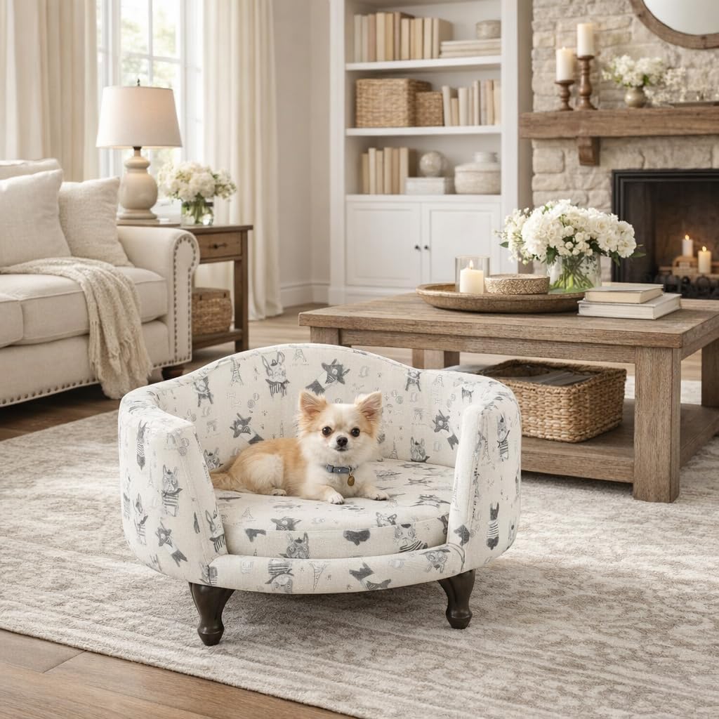 Home Decor | Upholstered Curved Pet Bed | Luxury Cat & Dog Beds & Furniture | Round Pet Bed Created with Stain