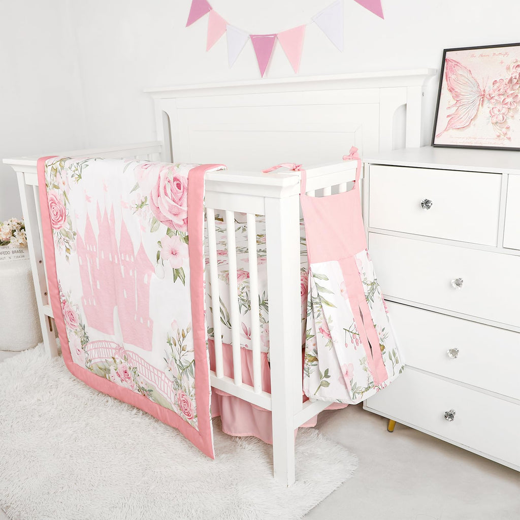 4 Pcs Pink Crib Bedding Set for Girls, Castle Baby Crib Comforter