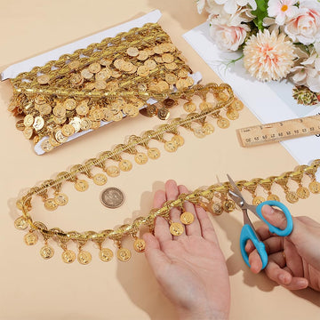 Gold Coin Shape Sequin Tassel Trim 1.4 Inch Width Sequins Tassels Lace Ribbon Fringe Sequins Lace Tassel - 10 Yards