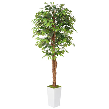 Artificial 7Ft Ficus Silk Tree with Tall Planter - Faux Plants Indoor with Natural Wood Trunk - Large Tall Fake
