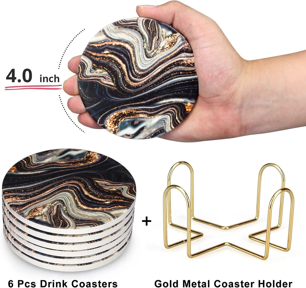 Black and Gold Marble Coasters with Holder Best Round Absorbent Coasters for Drinks, Coffee, Beer, Table Marble - Set of 6