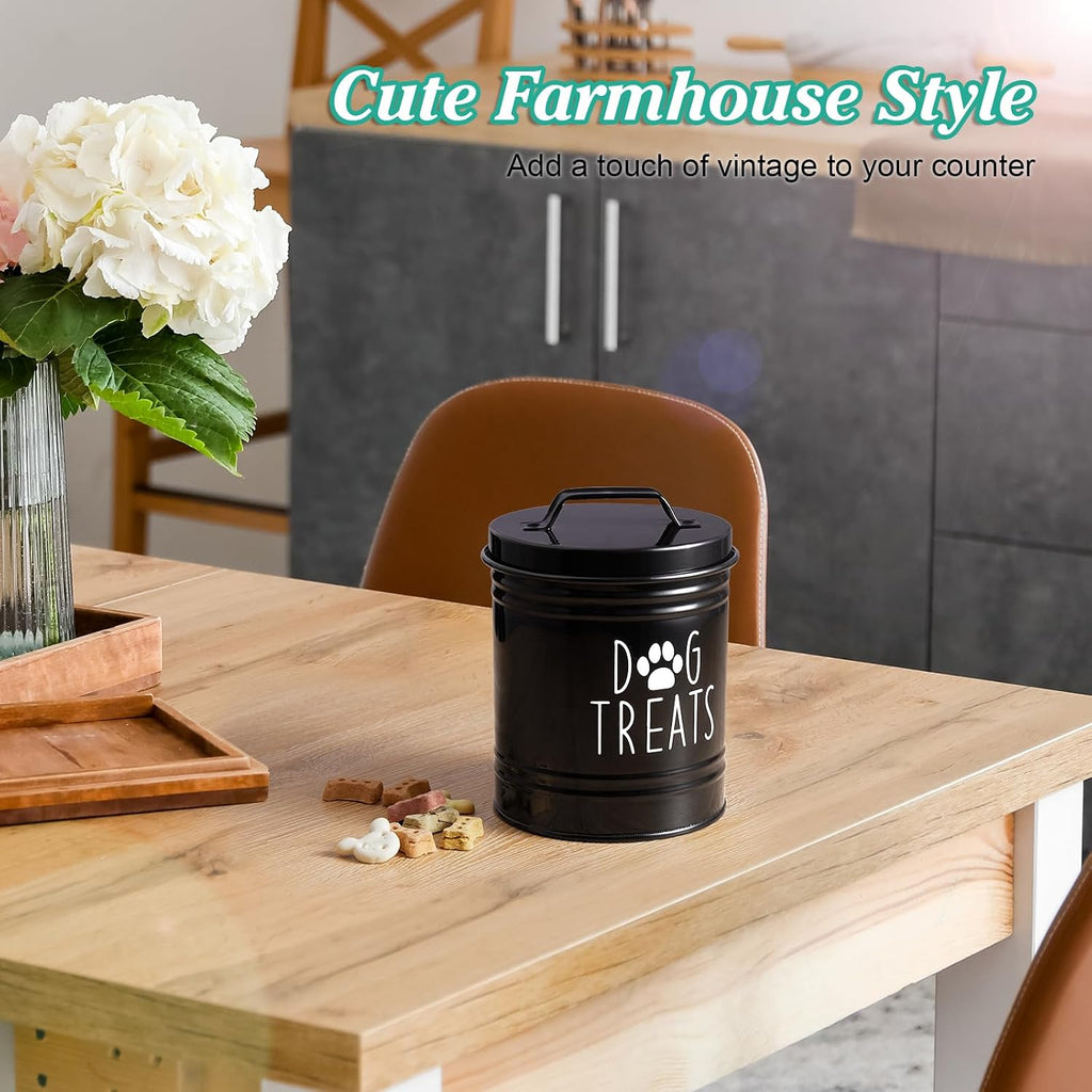 Small Dog Treat Container Airtight - 6" Tall X 4.9" Round Black Dog Treat Jar Counter - Rustic Treat Storage Canister