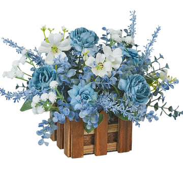 Dusty Blue Faux Flowers in Wooden Basket, Eucalyptus Decor