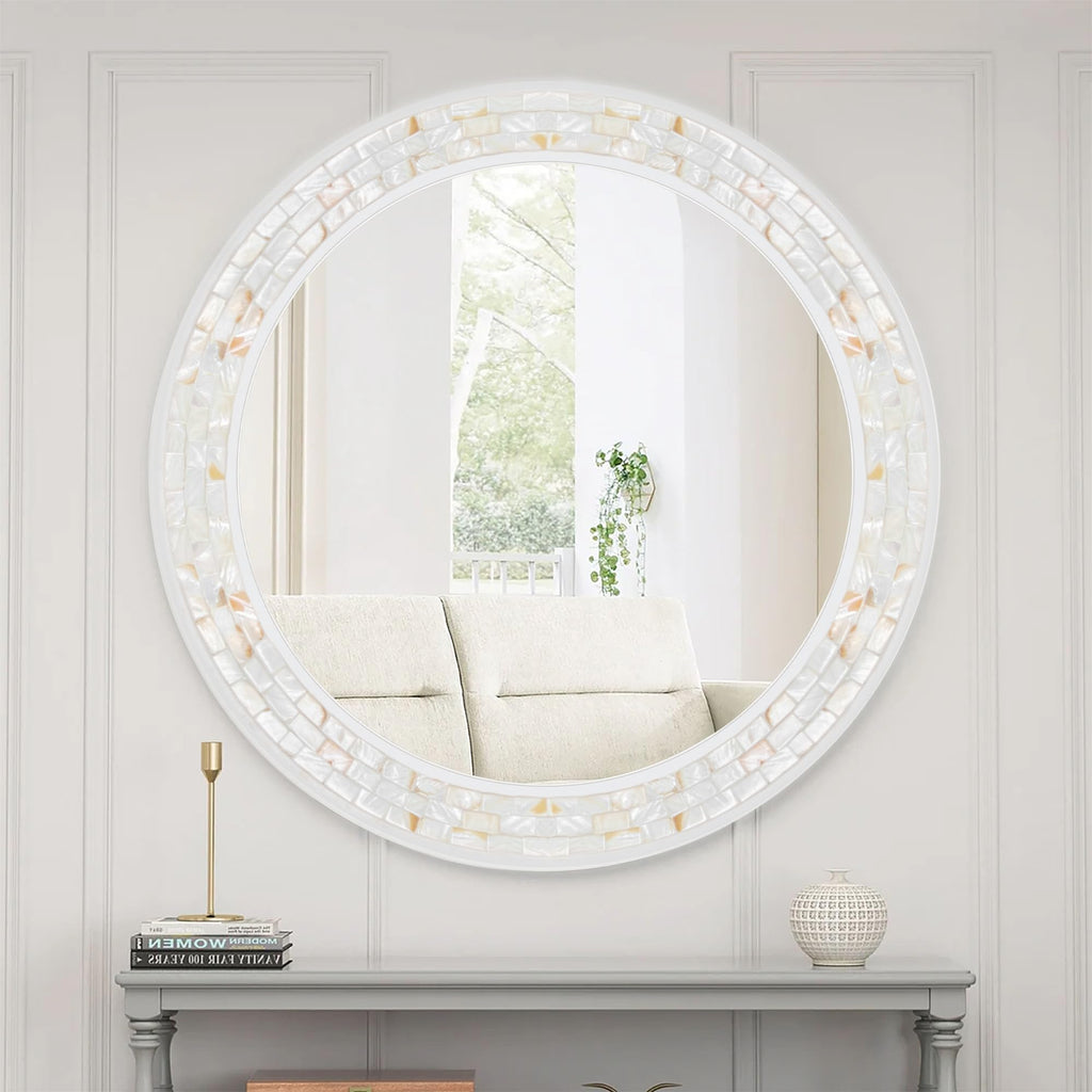 Round Bathroom Mirror 36 Inch, White Framed Mosaic Shell Mirrors