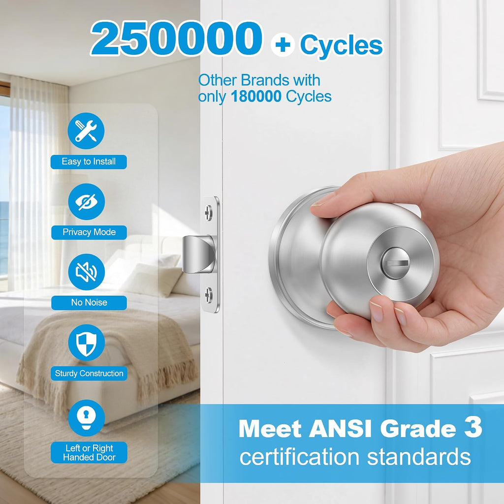 6 Pack Privacy Door Knobs Interior, Satin Nickel Doorknob with Lock -ANSI Grade-3 Certified, Keyless Door Locks