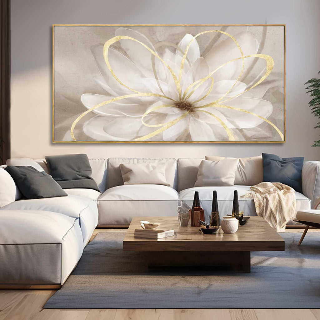 Large Framed Gold And White Floral Wall Art, 29x58 In