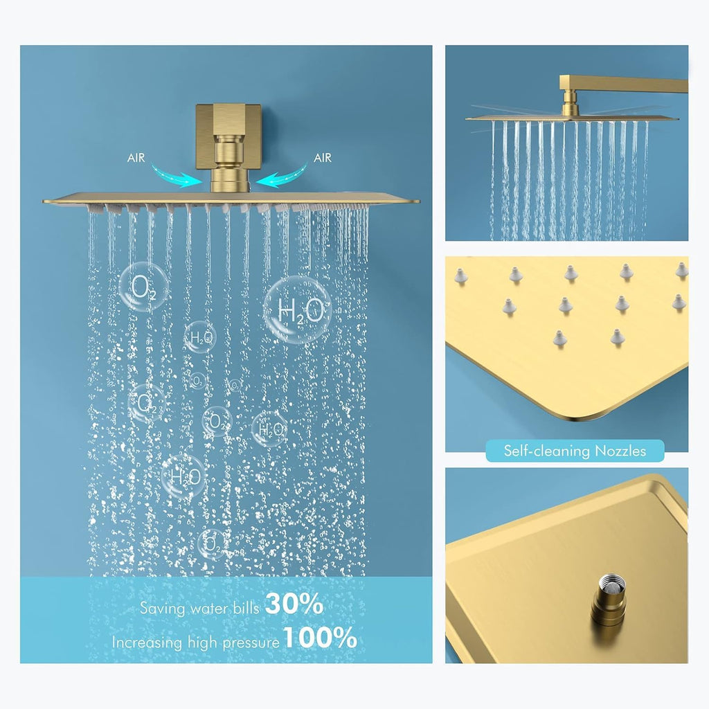 Shower System Brushed Gold Shower Faucets Sets, 10" Rain Shower Head with 2 In 1 Handheld Spray and 4 Body Jets, Wall