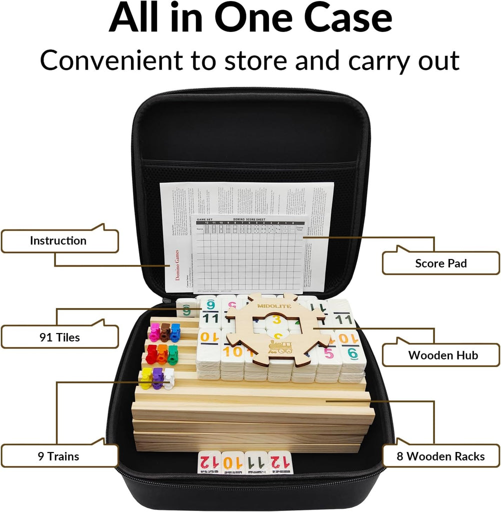 Mexican Train Dominoes Set with Numbers and 8 Wooden Racks, Double 12 Domino Travel Set with Wooden Hub, 91 Colored