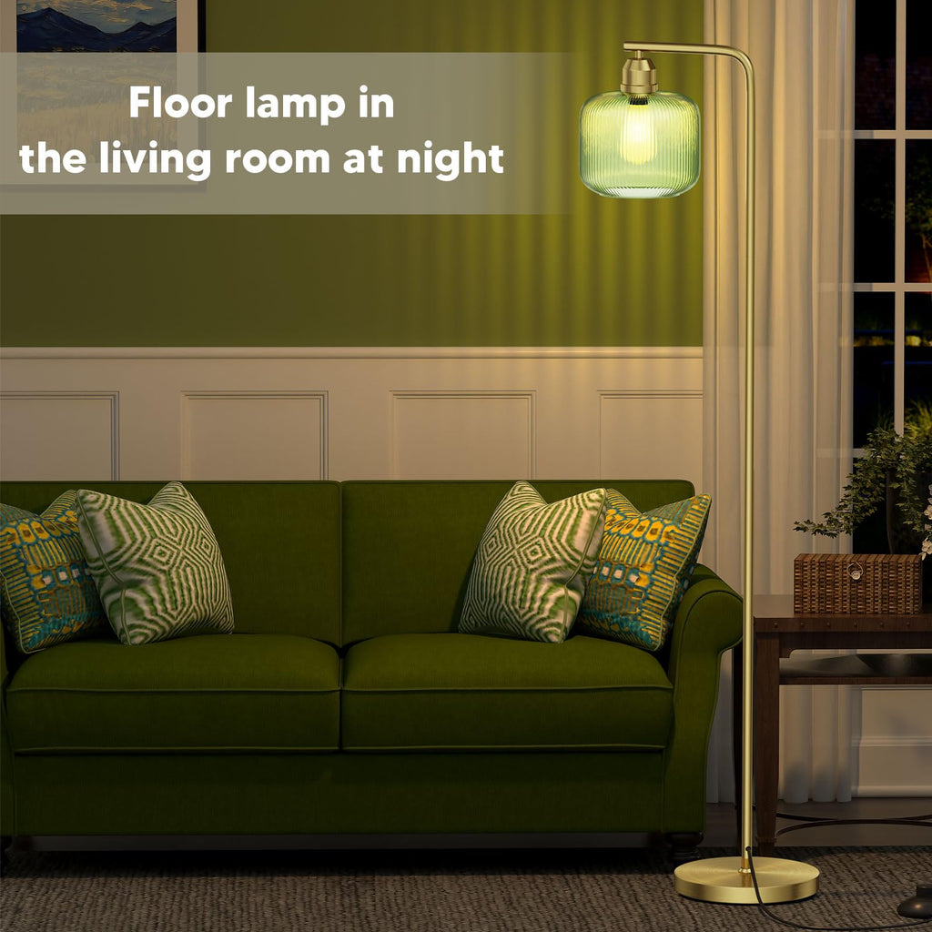 66" Gold Floor Lamp, Standing Lamp with Green Ribbed Glass