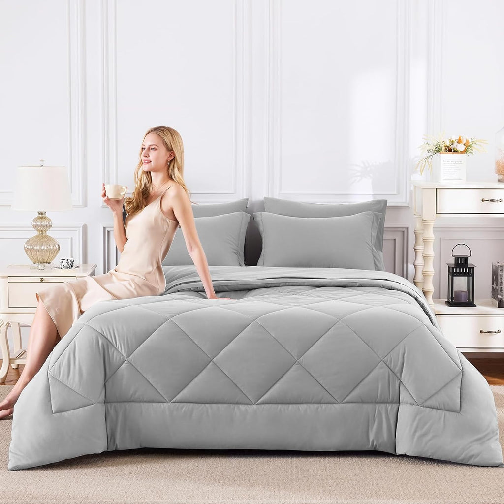Full Comforter Sets Light Grey - 7 Pieces Bed in a Bag Full, Luxury Soft Bed Set for All Seasons