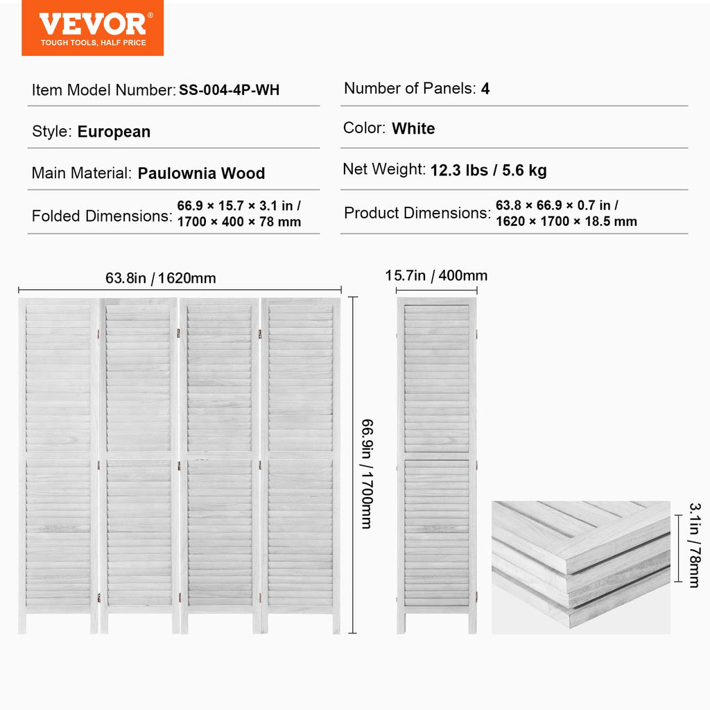 Wood Room Divider, 4 Panel Folding Privacy Screen, 66.9 Inches Tall Indoor Wooden Partition, Portable Decoration