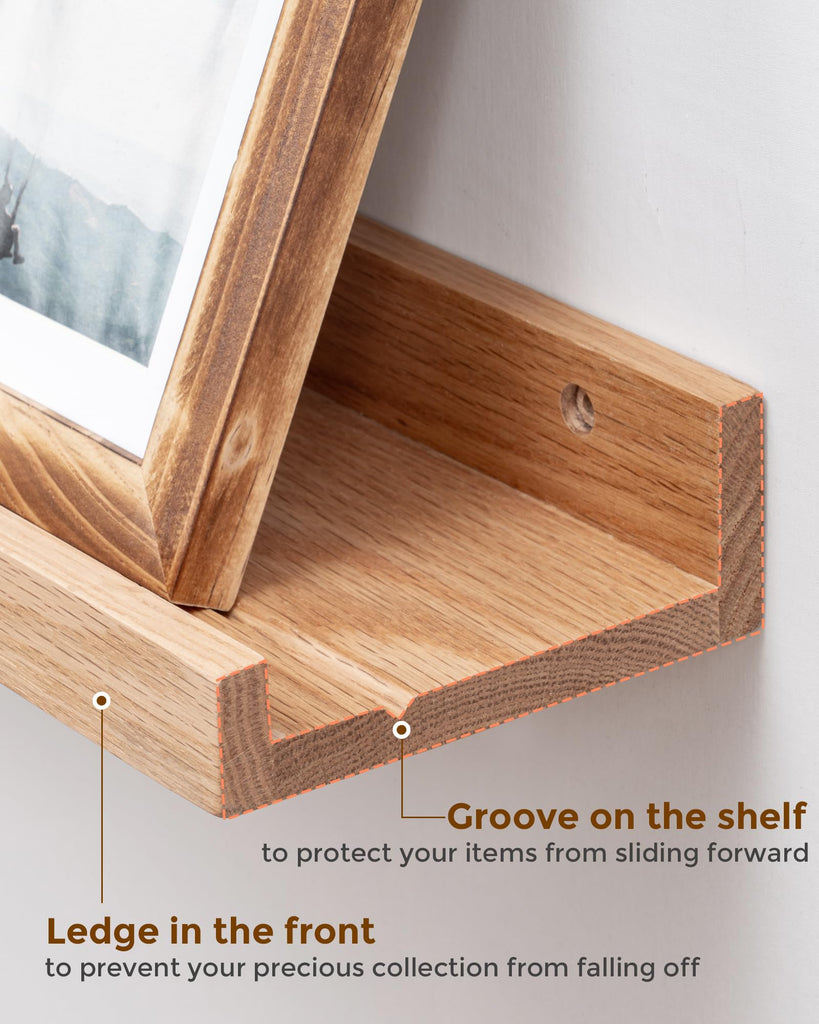 Oak Picture Ledge Shelf, 24 Inch Floating Shelves Set of 2, Solid Oak Wood Wall Shelves with Lip, Wall Decor Storage