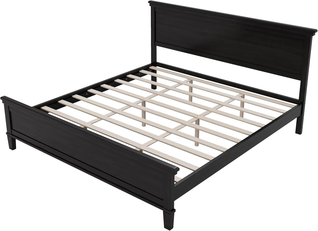 King Wood Bed Frame with Headboard, Mid-Century Modern Platform Bed, Farmhouse Style Bed with Under-Bed Storage, Wood