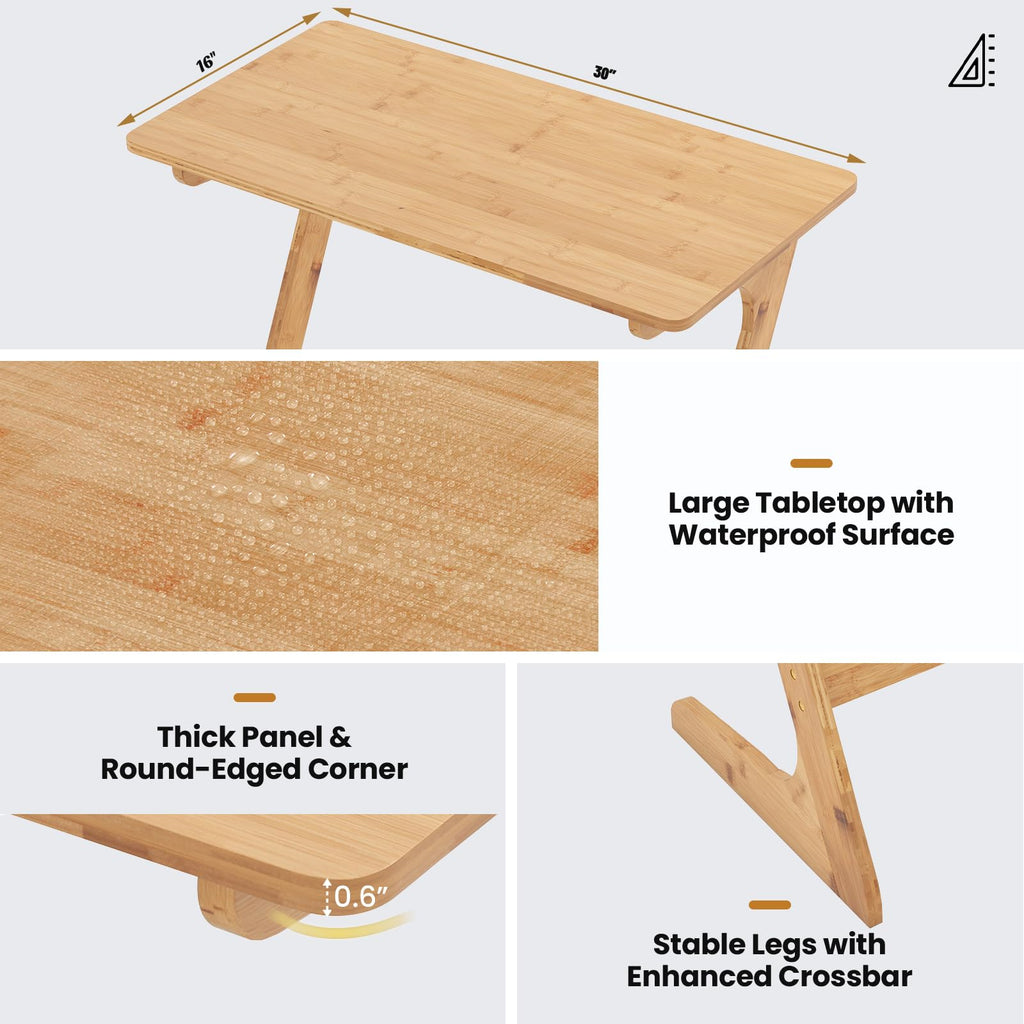 Bamboo TV Tray Sofa Side Table, Z-Shaped Couch Table with 30" x 16" Tabletop, Space-Saving Snack Laptop Desk, Quick