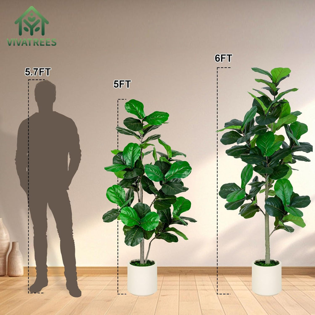 5FT Fiddle Leaf Fig Artificial Tree with White Planter Pot,Faux Floor Plant, Indoor and Outdoor Fake Plants Decor