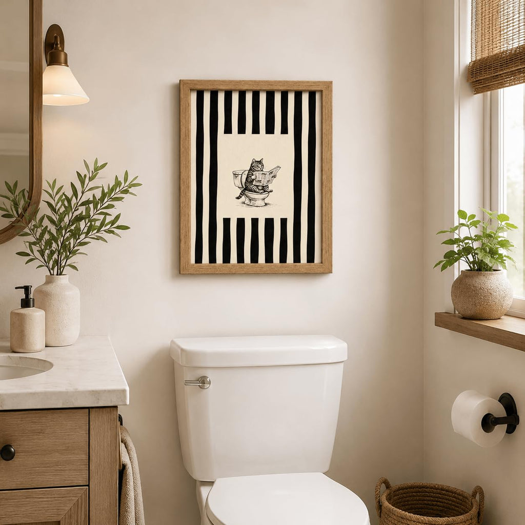 Framed Funny Bathroom Wall Art - Tabby Cat Reading Newspaper on Toilet Canvas Print, Vintage Striped Minimalist
