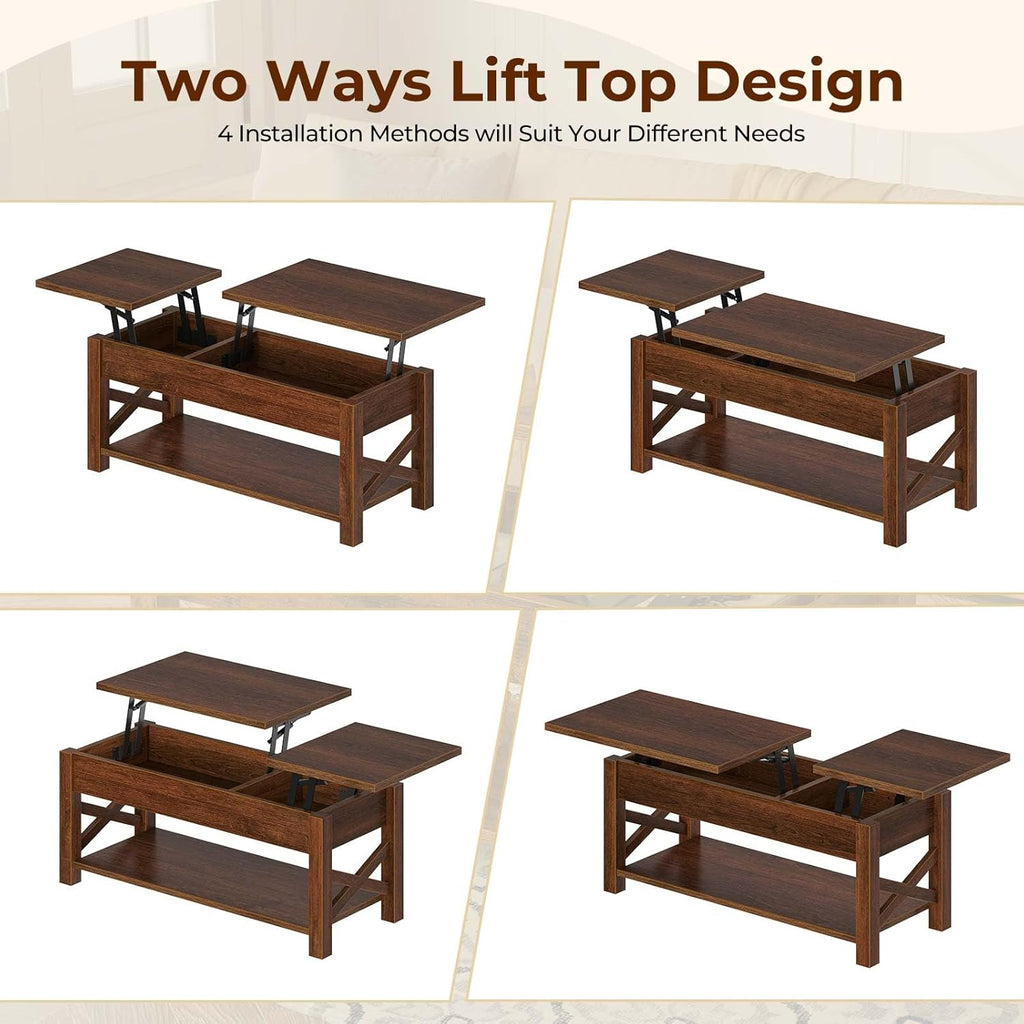 Coffee Table, 47.2" Lift Top with Hidden Compartment, 2 Way Lift Top Coffee Table with Open Shelf & X Wooded Support
