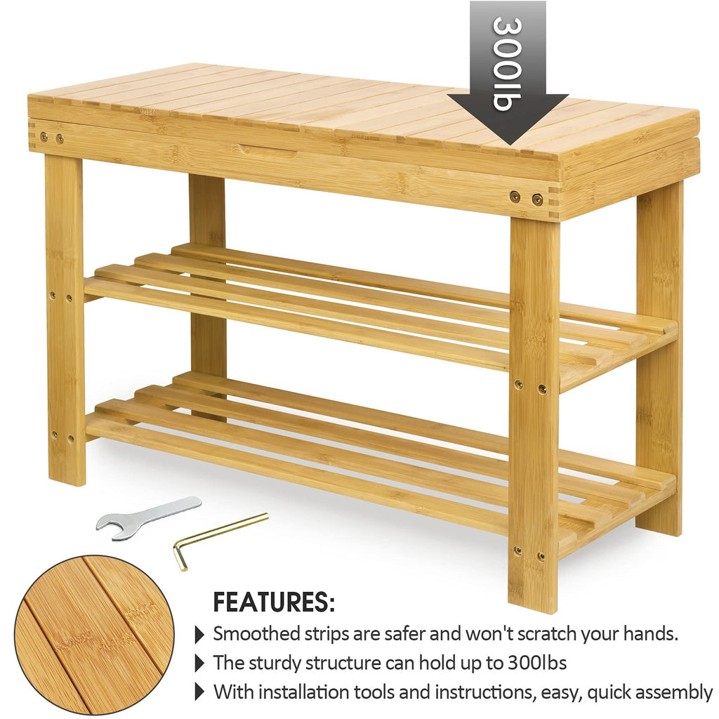3-Tier Bamboo Shoe Rack Bench, Entryway Bench with Storage Drawer, Natural