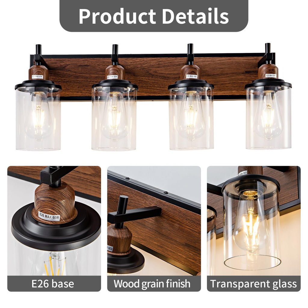 4-Light Farmhouse Bathroom Light Fixtures Vintage Bathroom Vanity Lights Over Mirror Black and Wood Painted Metal