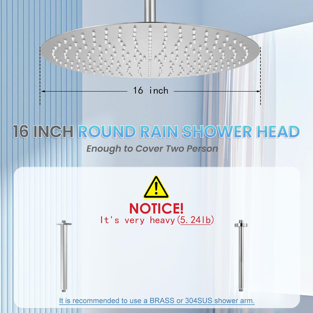 16 inch Ceiling Round Rain Shower Head Brushed Nickel - All Metal Stainless Steel 304, Full Body Round Rainfall