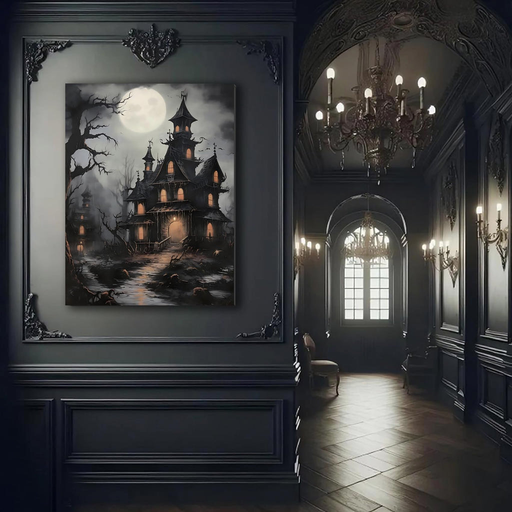 Vintage Dracula's Castle on Moonlit Night Canvas Art, Halloween Print, Horror Dark Academia Decor Pictures, Framed