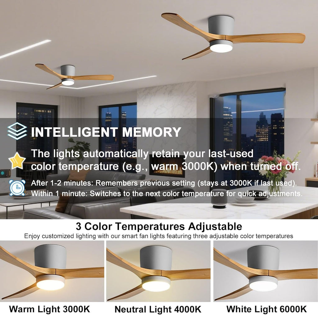 48" Quiet Ceiling Fan with LED Lights - 6 Speed Remote, 3 Color Temperatures, Modern Wood Flush Mount Ceiling Fans