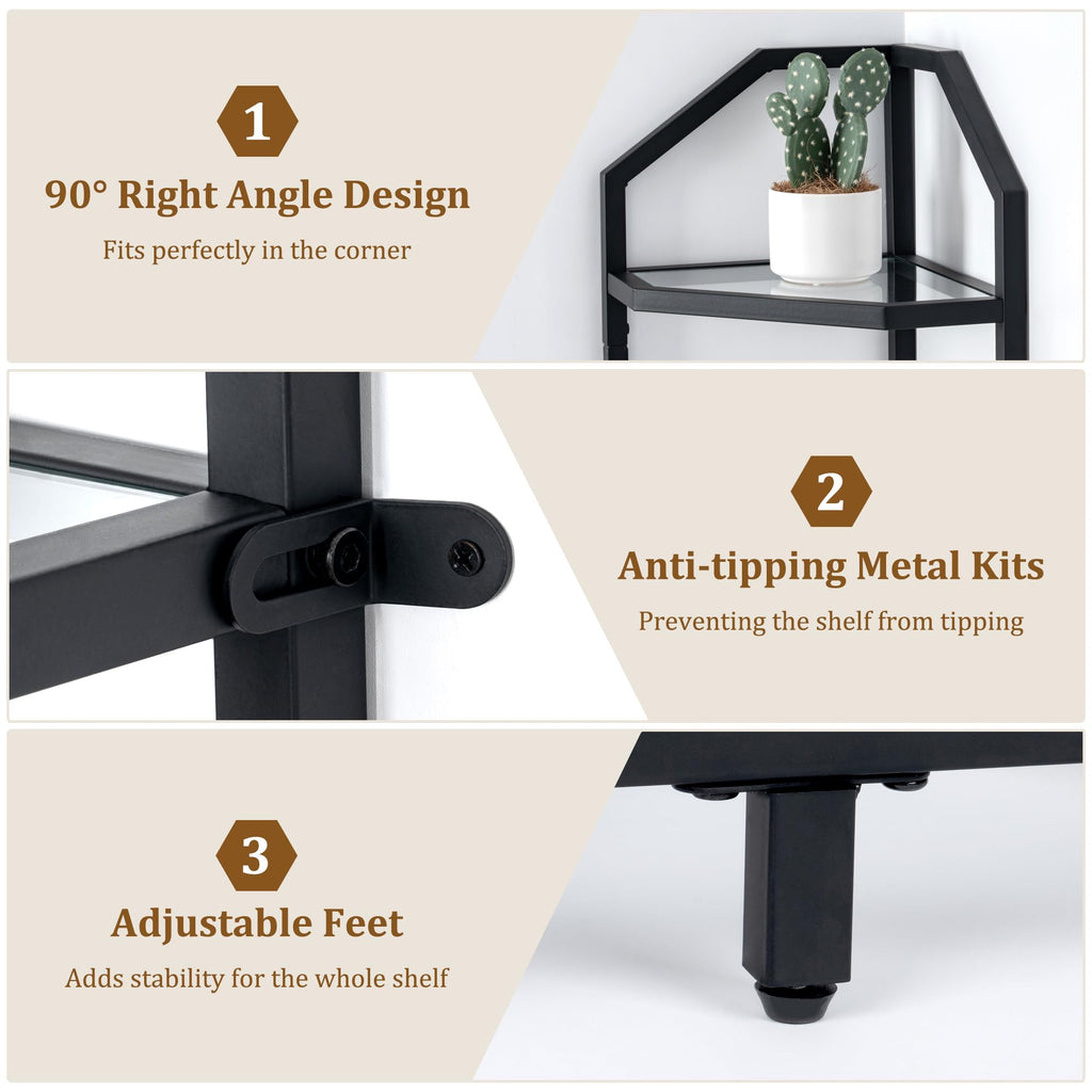 5-Tier Corner Shelf Stand, Black Corner Bookshelf, Bathroom Storage Rack Shelf, Plant Rack, Tempered Glass, Steel