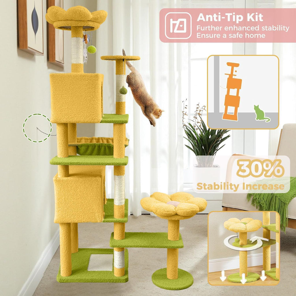 Flower Cat Tree 71 Inches, Large Cat Tower with 2 Detachable Flower Cushions and 2 Hiding Condo, Tall and Big Cat Tree