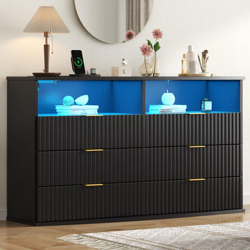 6-Drawer Dresser with 2 Open Cubbies, LED & Power Outlet