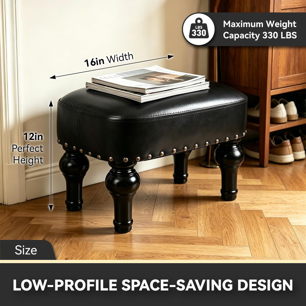 Leather Footrest Wood Ottoman, Rustic Foot Stools Seat, Wood Footstool, Rectangle Footrest Small Ottoman, Entrance Hall