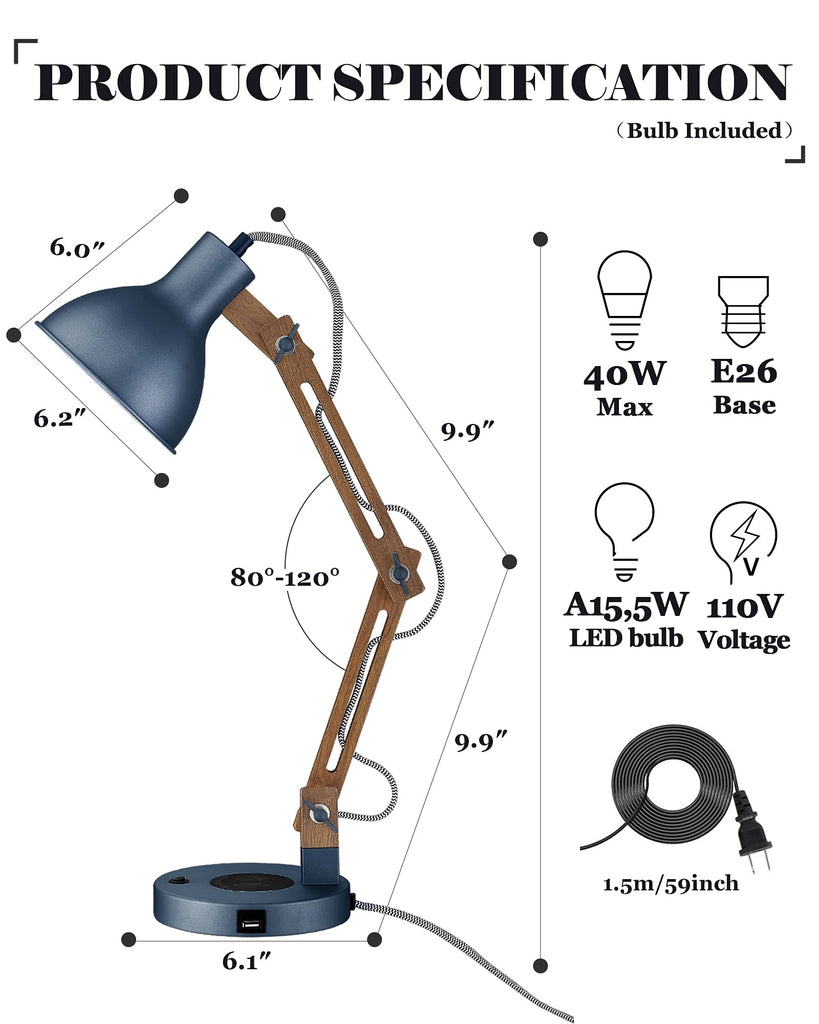 Sapele Wood Desk Lamp with Upgraded Wireless Charger, Swing Arm Table Lamp with USB C Charging Port, Reading Task